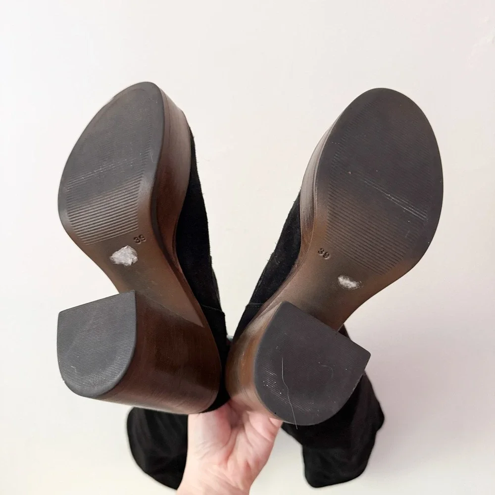 Topshop Platform Over The Knee Boots 70s Retro Black Suede 39 Wood Block Heel